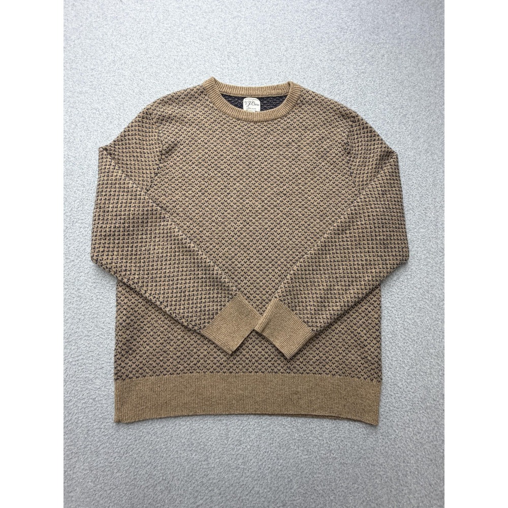 J.Crew Sweater Mens 2XL Brown Rugged Merino Wool Blend Crewneck Knit Geometric
